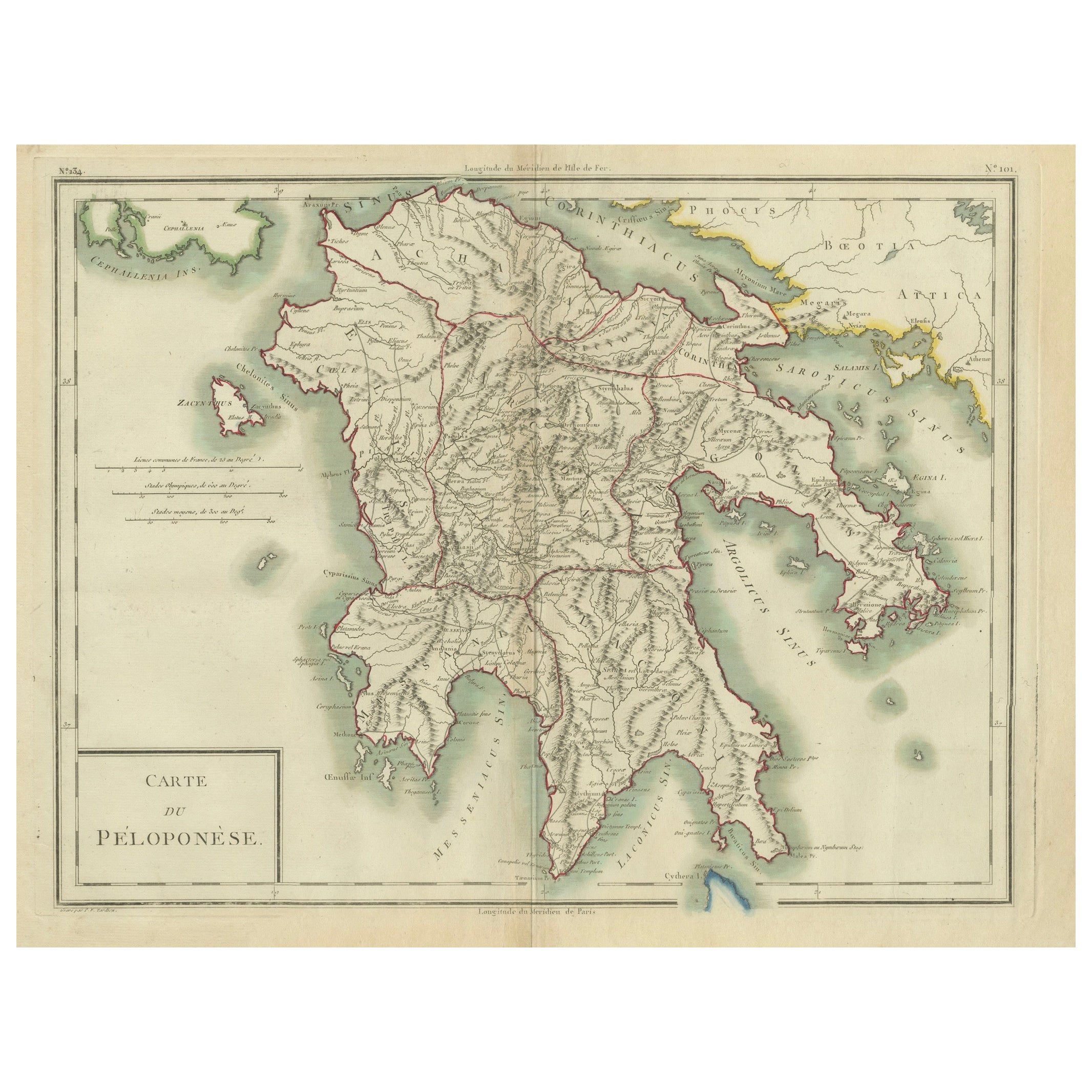 Antique Map of Peloponnesus, Greece by Pierre Antoine Tardieu, 1797
