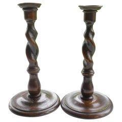 Large Pair of Antique Oak Barley Twist Candlesticks, English, circa 1920