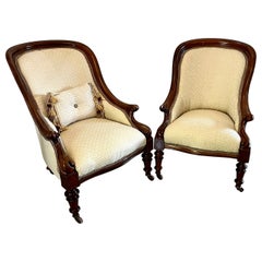 Unusual Pair of Antique 19th Century Victorian Quality Mahogany Armchairs