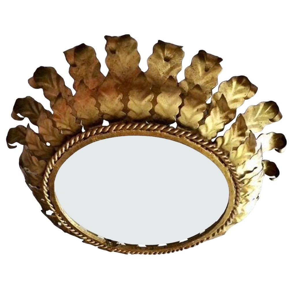Large Spanish Crown Sunburst fixture in Gilt Metal and frost Glass , circa 1950