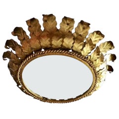 Large Spanish Crown Sunburst fixture in Gilt Metal and frost Glass , circa 1950