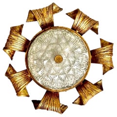 Large Crown Sunburst Flush Mount Gilt Gold, Spain 1950