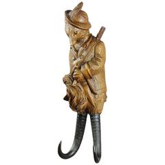 Rustic Carved Wood Hunter Fox Coat Hook with Music