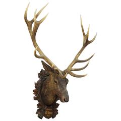 Large Antique Wooden Carved Stag's Head by Heissl