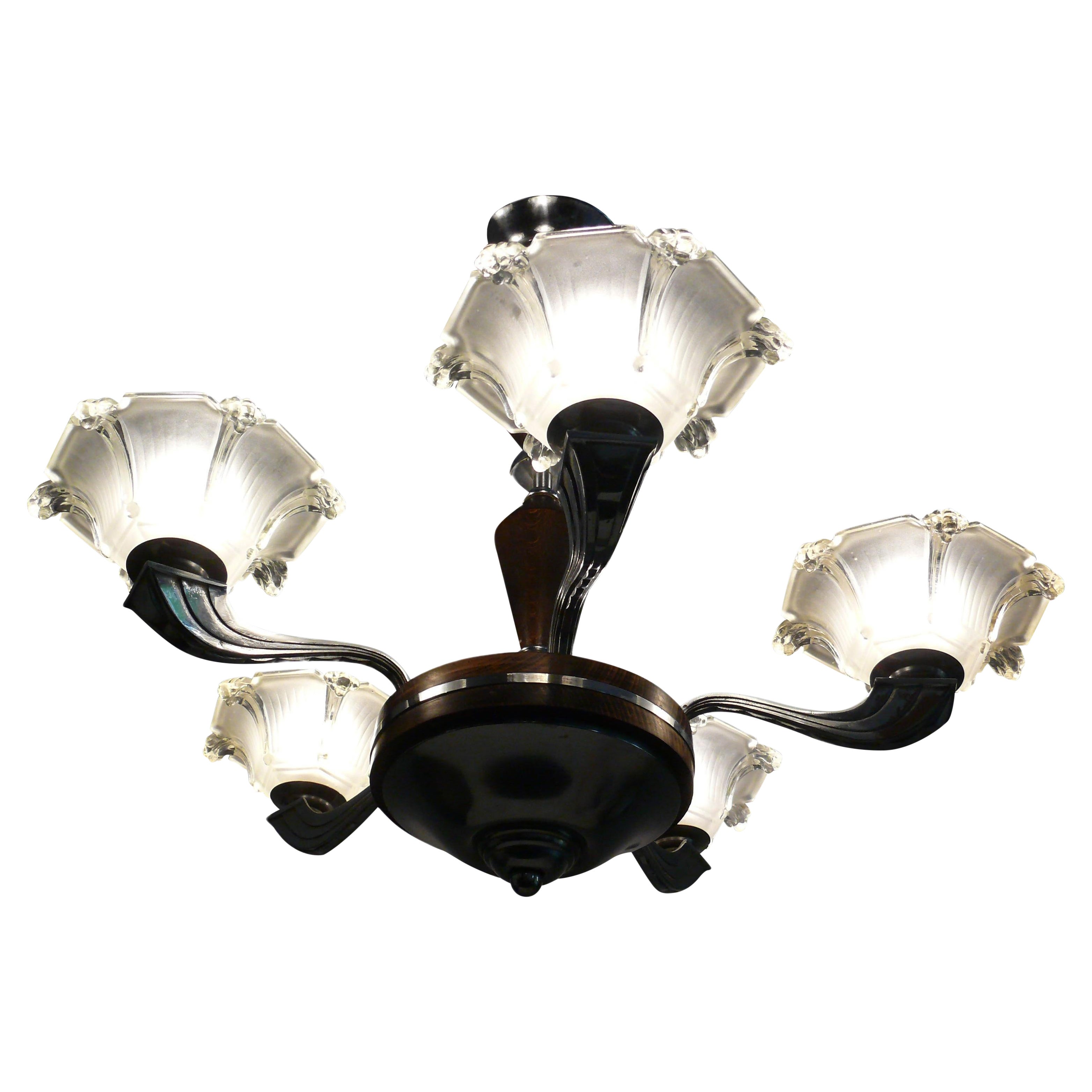 Art Déco Chandelier, EZAN Style, France - Chrome, Wood - 1930