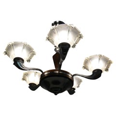Art Déco Chandelier, EZAN Style, France - Chrome, Wood - 1930