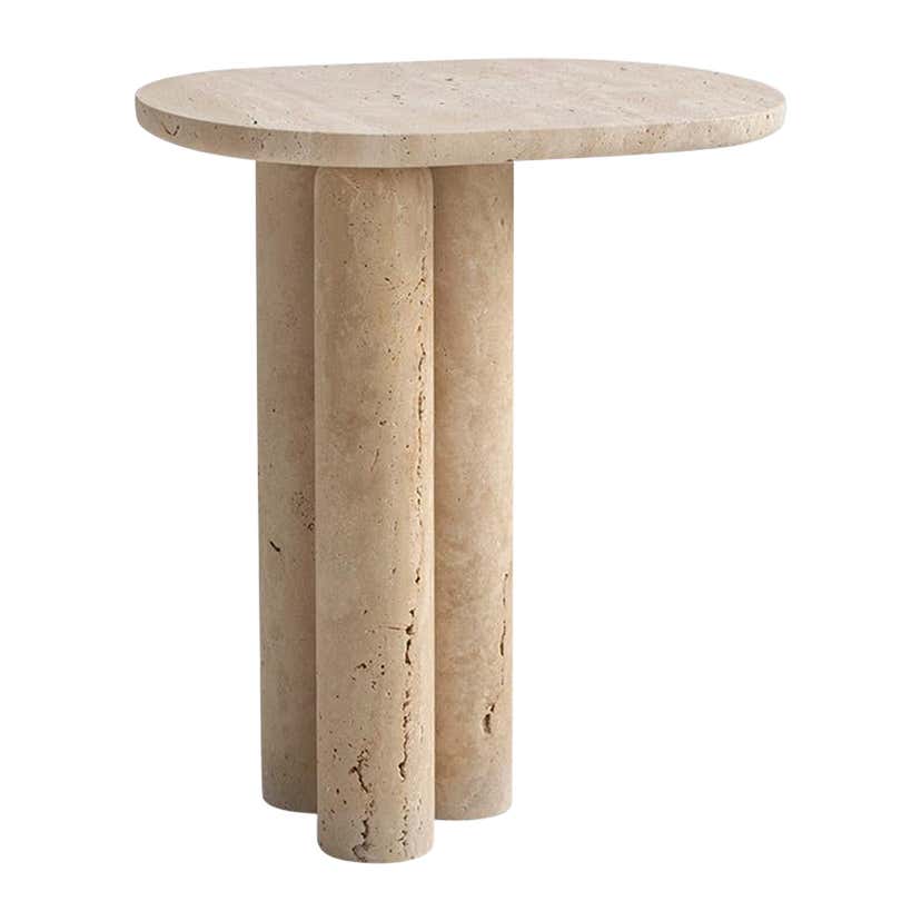 LUNA Travertine Stone Side Table with Light, Hand Carved Unique Side ...