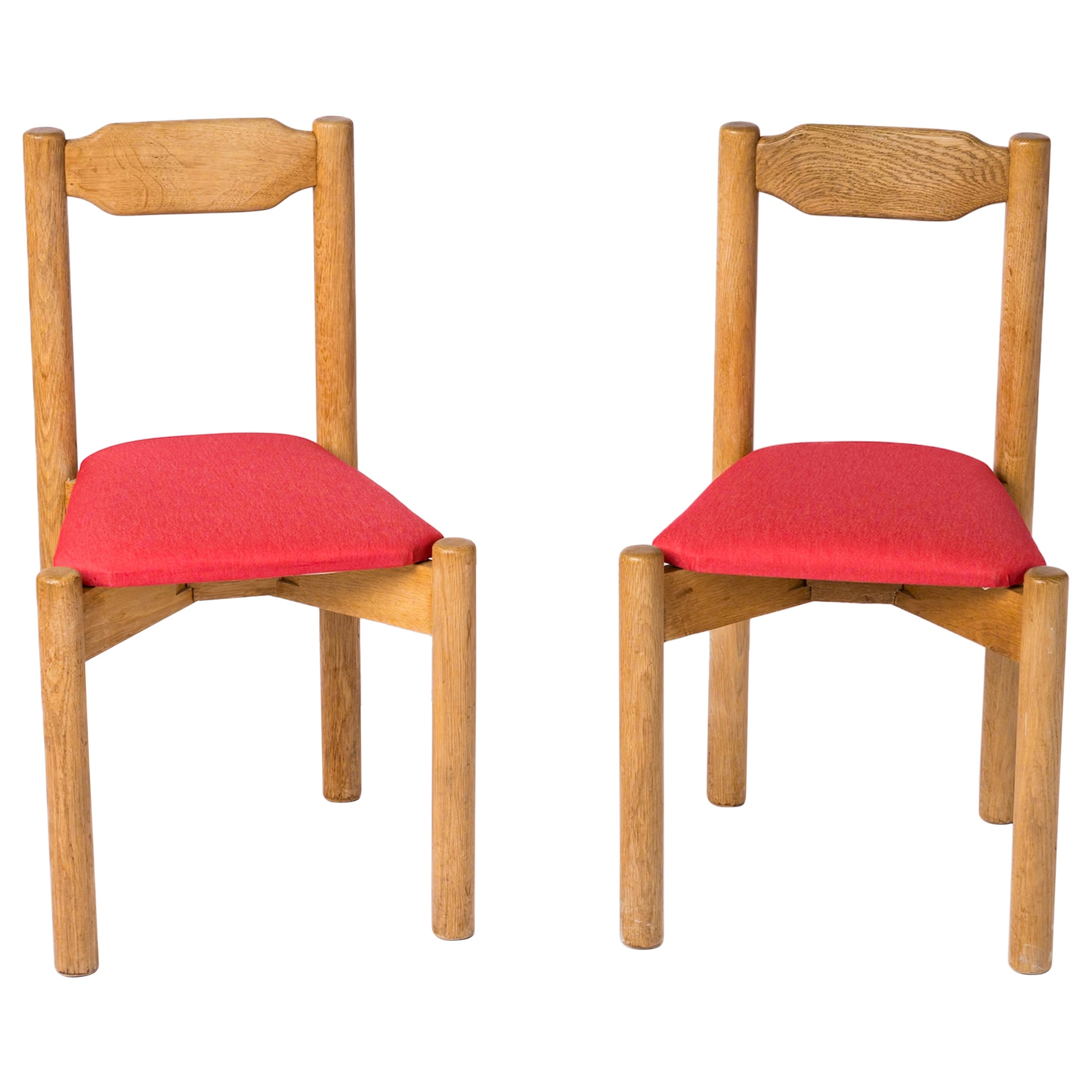 Guillerme & Chambron Oak Chairs w. Red Fabric Upholstery - France 1970's
