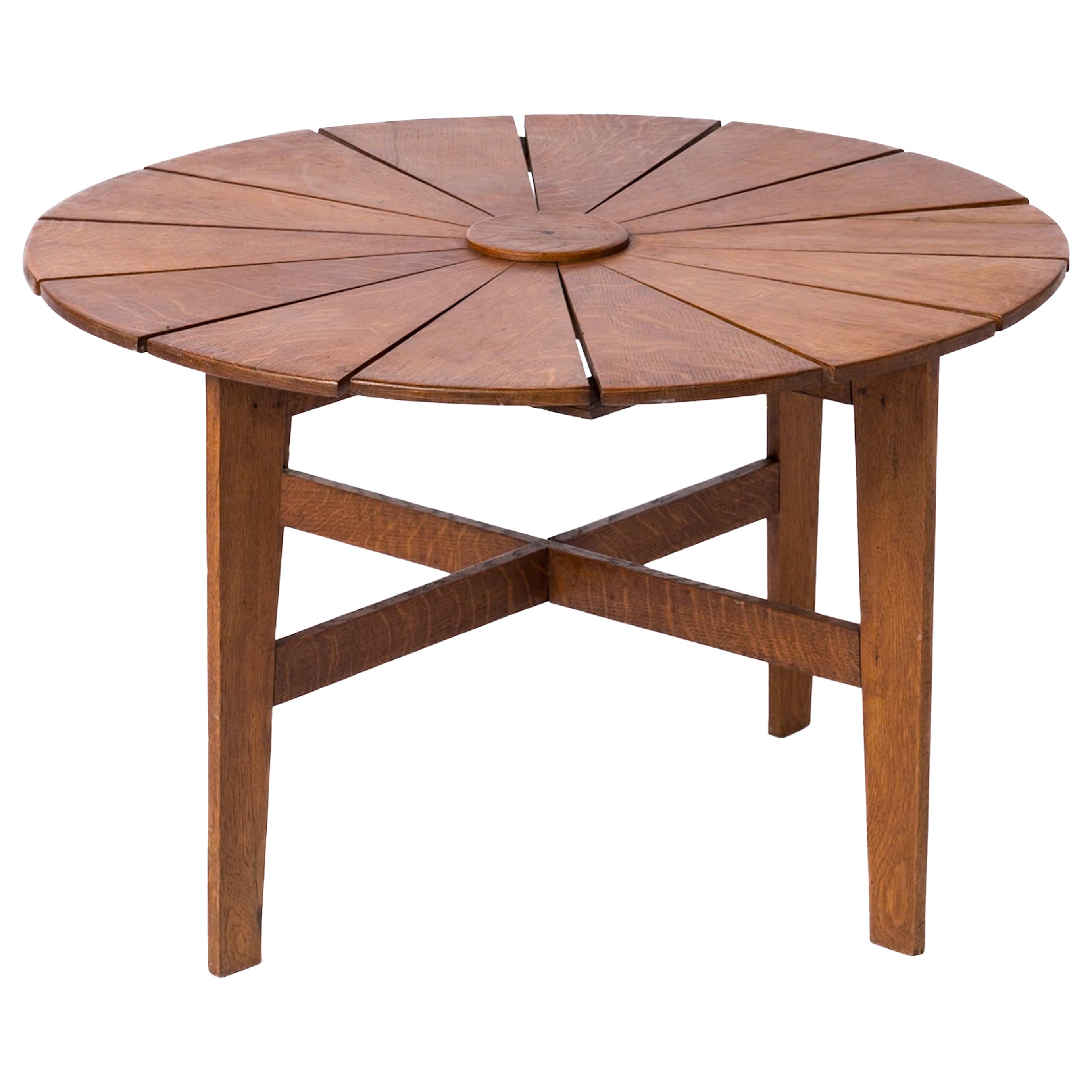 Table basse ronde à lattes en Oak Oak en forme de marguerite - France 1950's