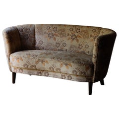 Danish Curved Back Sofa, Original Floral Velour Fabric, Channel Back, 1950s