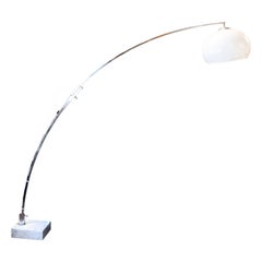 1970s Italian White Acrylic Shade Chrome Frame and Marble Base Arc Floor Lamp