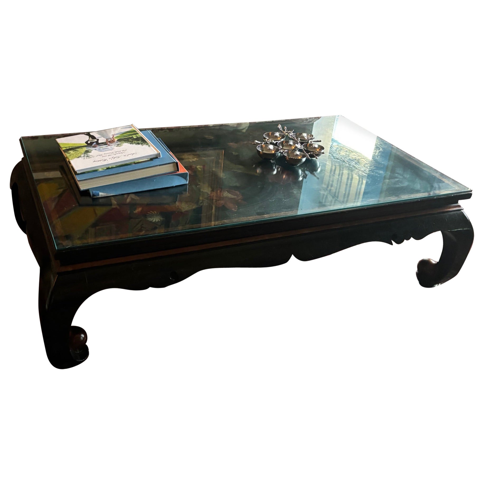 Black Lacquer Chinoiserie Coffee Table, 18th Century Panel of Flowers