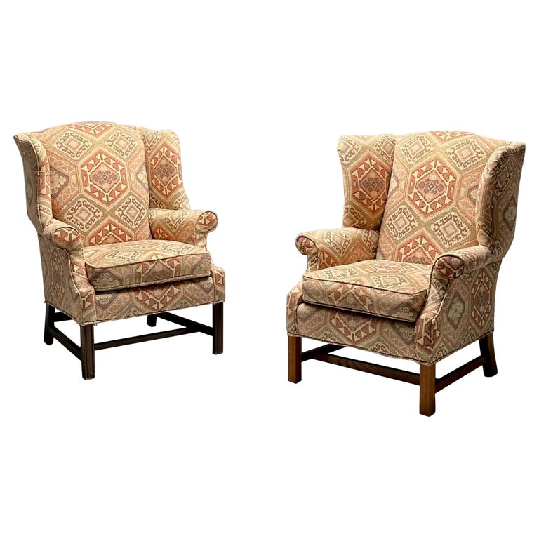 English Georgian Style Wingback Chairs Pink Aztec Print Tapestry Fabric For Sale at 1stDibs patchwork wingback chair aztec chairs brocade damask styles for ladies