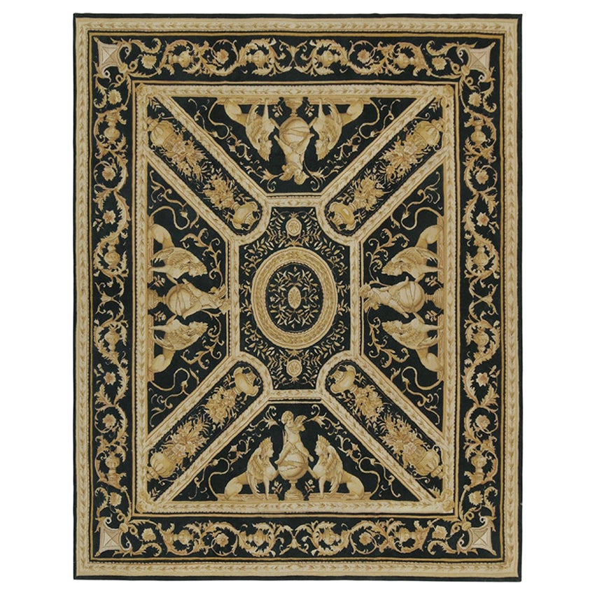 Rug & Kilim’s European Tudor style Flat Weave in Black with Gold Pictorial