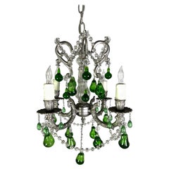 French Crystal Beaded Chandelier w/ Emerald Green Drops