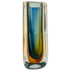 Flavio Poli Sommeroso Murano green, blue and yellow faceted art glass vase