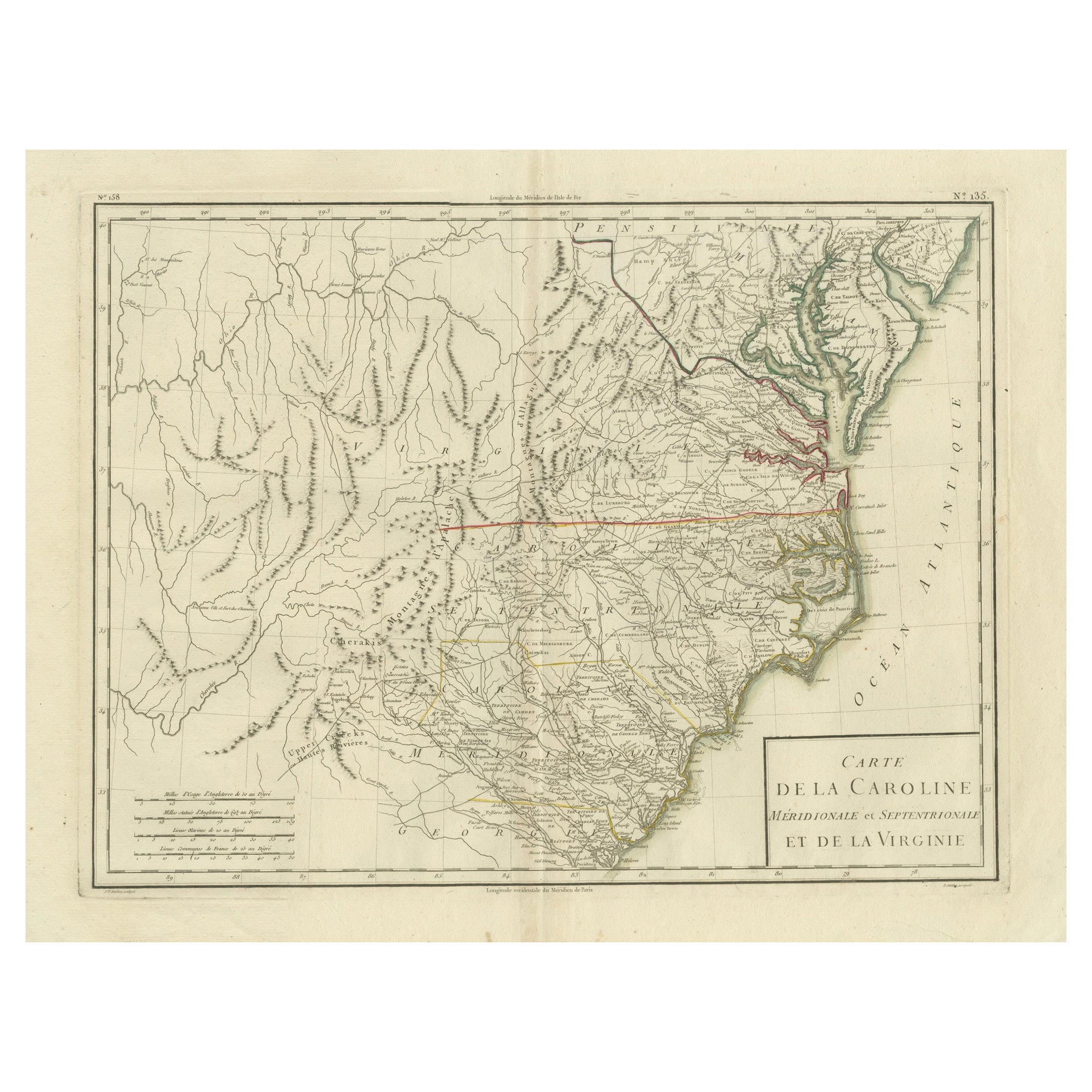 Antike Karte von South Carolina, North Carolina und Virginia von Tardieu, 1802