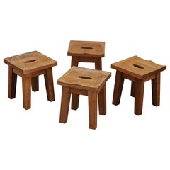 Vintage Set of Four Oak Stools From France, Circa 1960