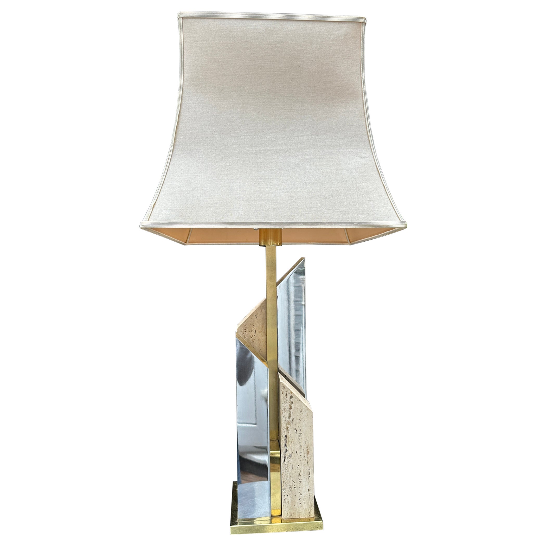 A Tall Skyscaper Table Lamp In Travertine Chrome And Brass By Sciolari