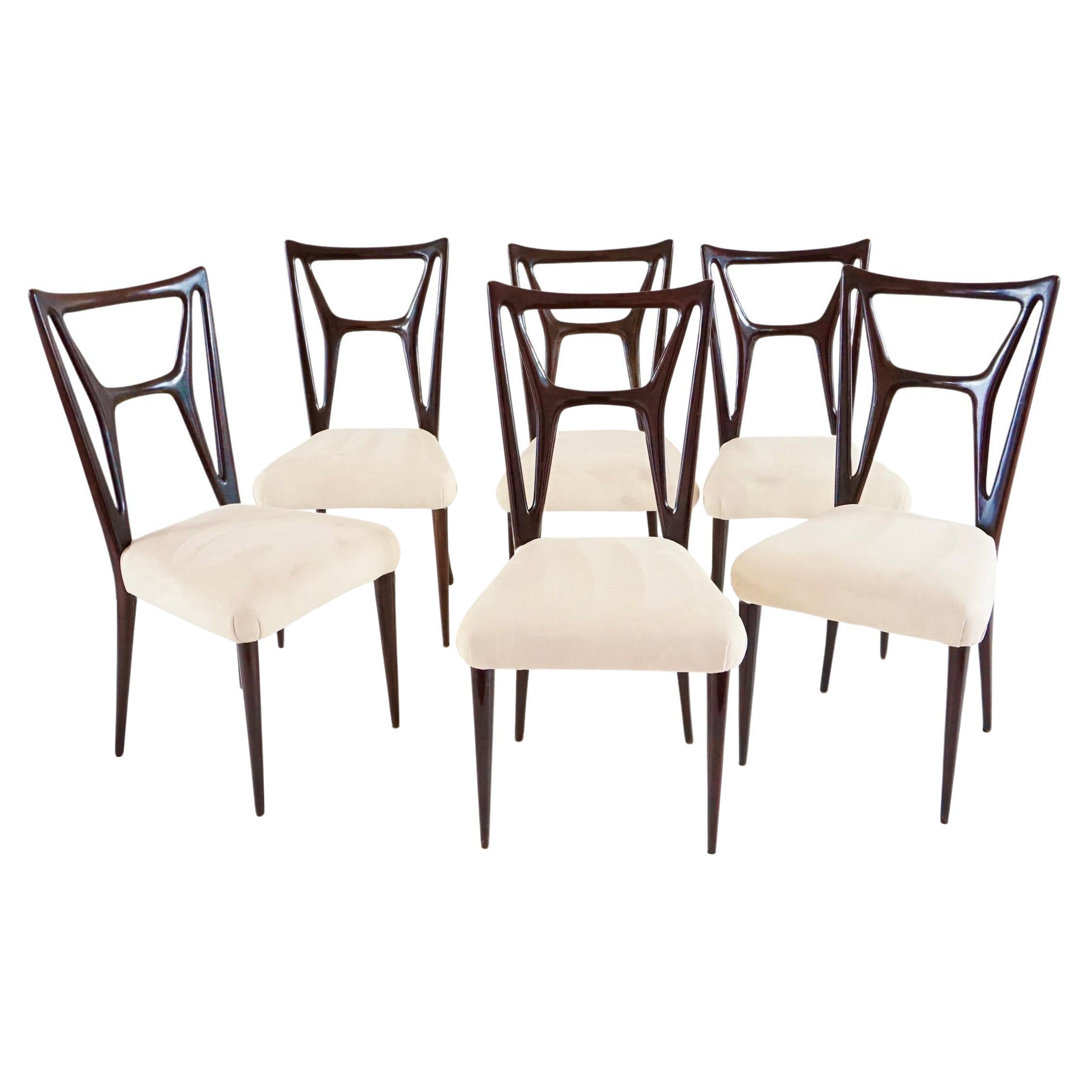 juego de seis sillas de comedor Guglielmo Ulrich att., madera curvada  Forma de H, terciopelo, 1940