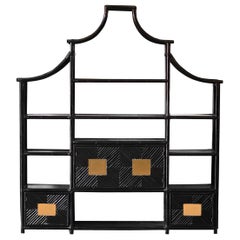 Large Shanghai Bookshelf in Black Lacquered Bamboo and Wicker with Brass Details