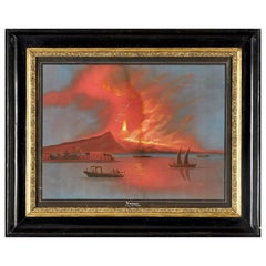 Gouache with Cover White on Wooden Panel, Vesuvius Eruz del 1840, Artist Unknown
