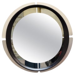 Miroir mural rond en chrome et bois, Italie, années 1970