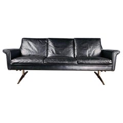 Mid Century Scandinavian Three Seater Black Leather Sofa Vintage Retro MCM