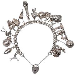 Vintage 17-Piece Sterling Silver English Padlocked Charm Bracelet