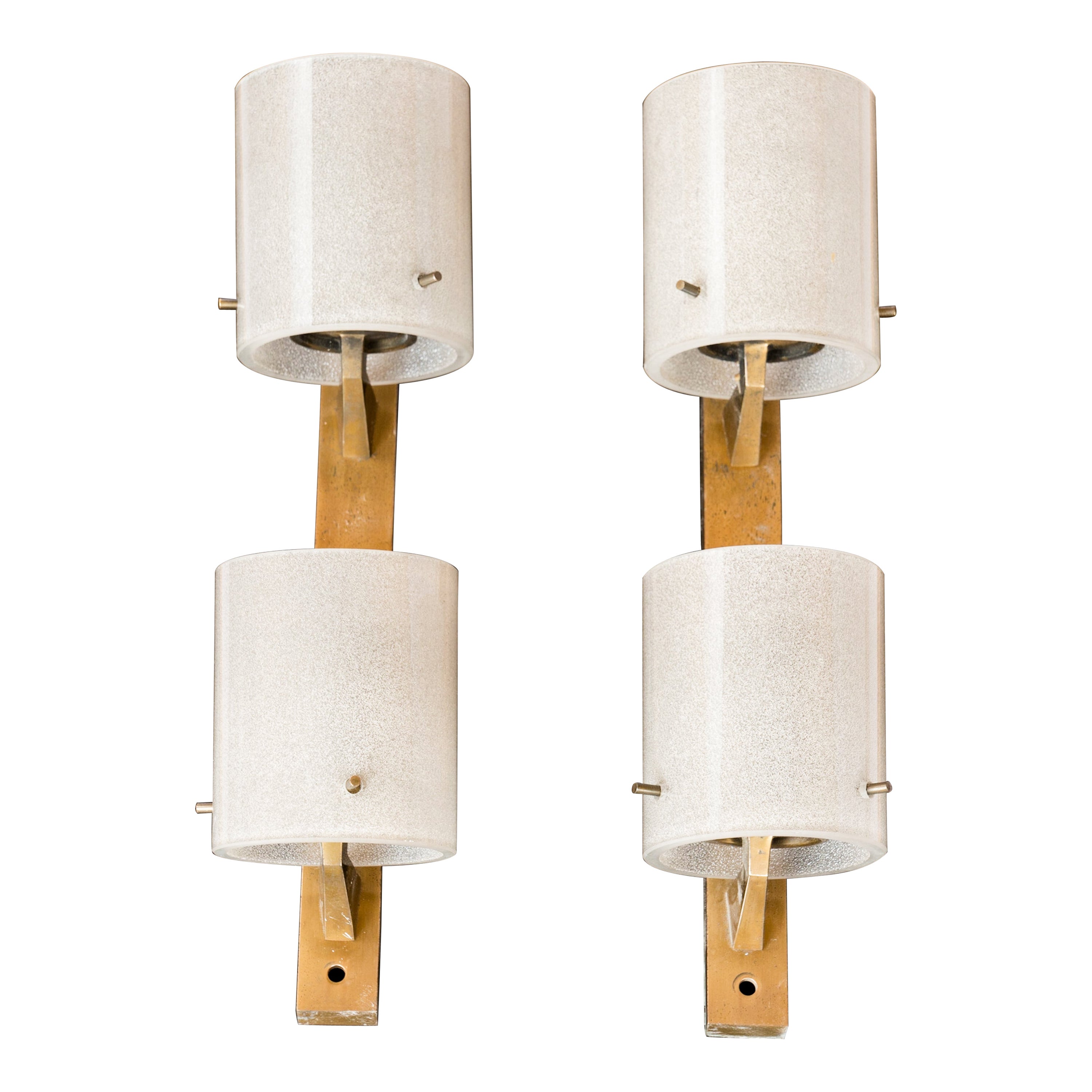Mid Century Thick Glass Shades & Brass Double Lights Sconces - Italy 1960's
