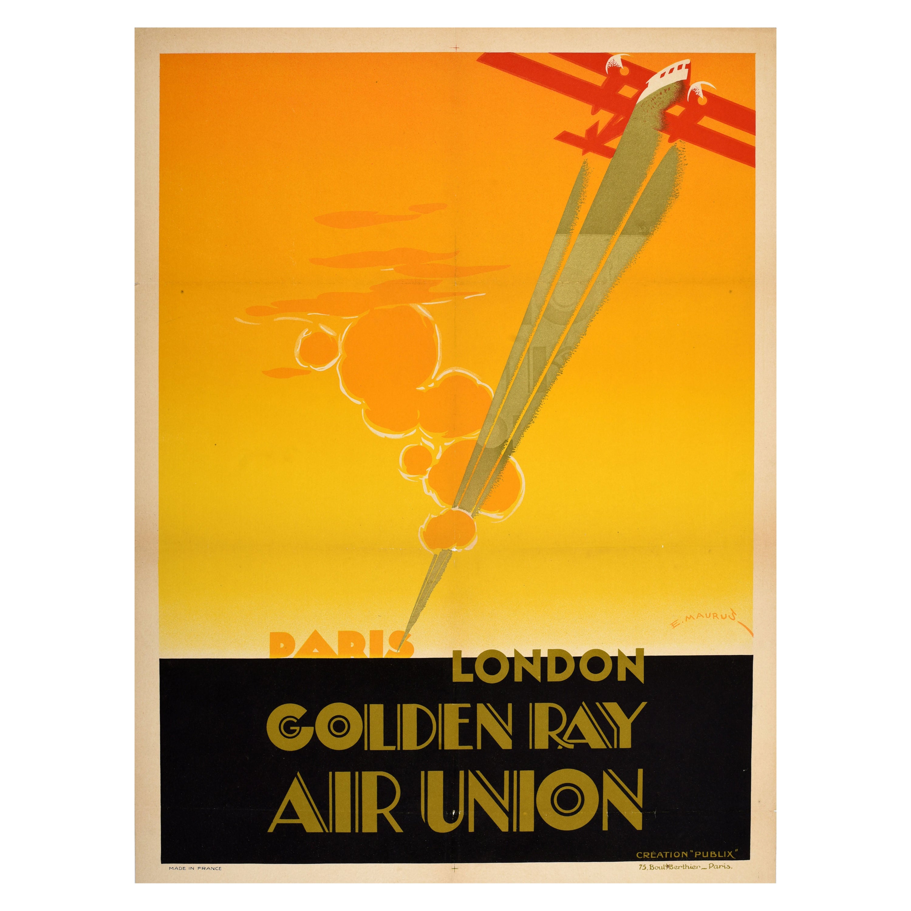 Affiche de voyage originale Golden Ray Air Union Paris Londres Art Deco Maurus en vente