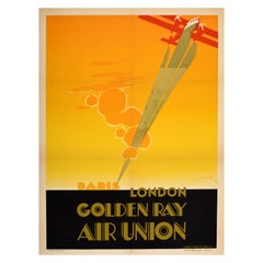 Original Vintage Cartel de Viaje Golden Ray Air Union Paris London Art Deco Maurus
