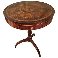 Antique English Regency Mahogany and Tooled Leather Revolving Drum Side Table