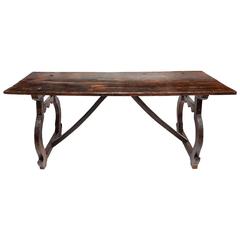 Antique 17th Century Spanish Chestnut Refectory Table on Lyre-Shaped Legs