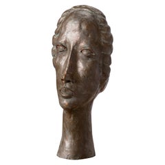 Modigliani Inspired Patinated Terracotta Woman's Bust Sculpture - France 1930's