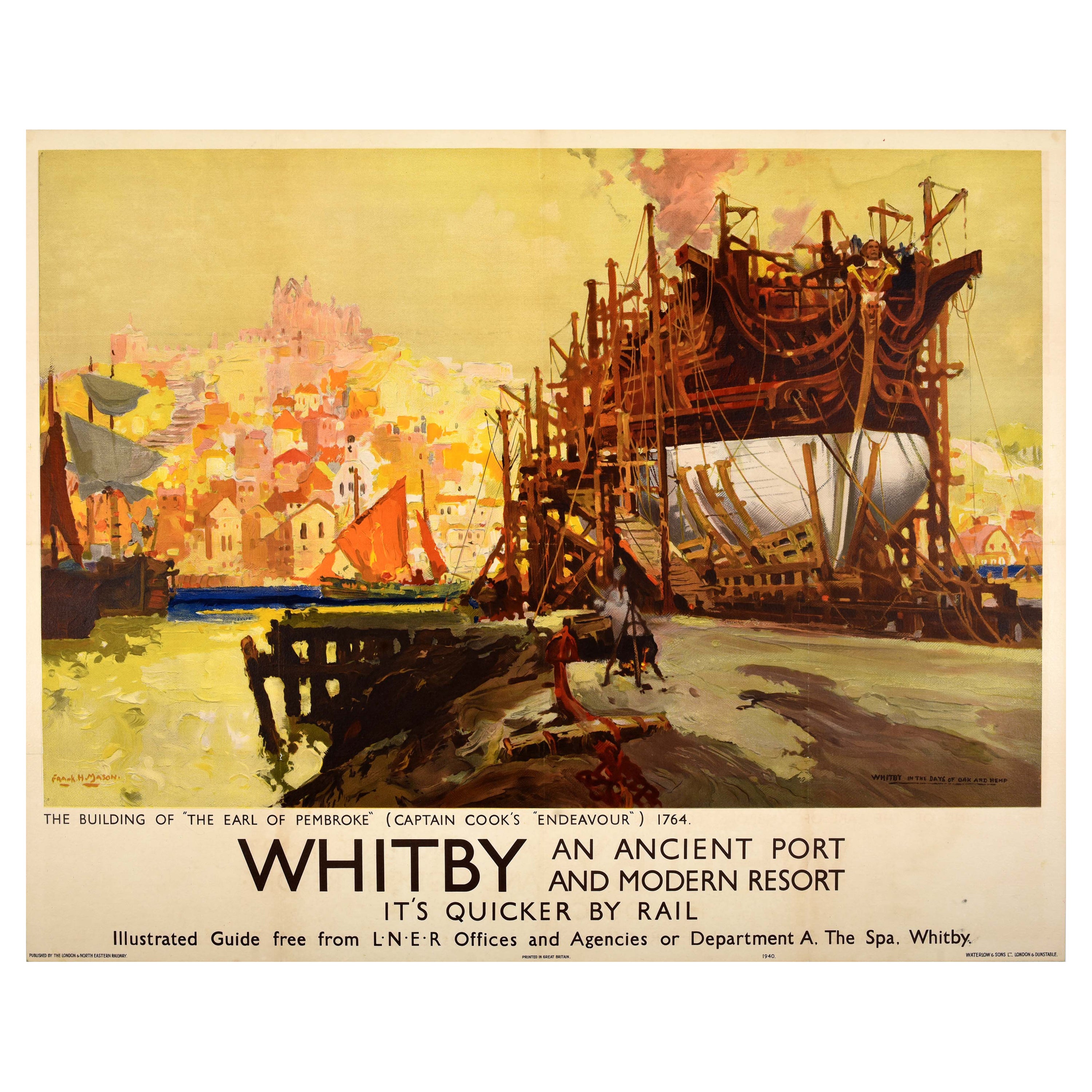 Original Vintage LNER Train Travel Poster Whitby Ancient Port Modern Resort