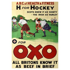Poster pubblicitario sportivo originale antico Oxo Hockey Health Fitness Britons