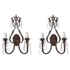 French Louis XV Style Wrought Iron & Crystal Two Arm Wall Sconce, a Pair