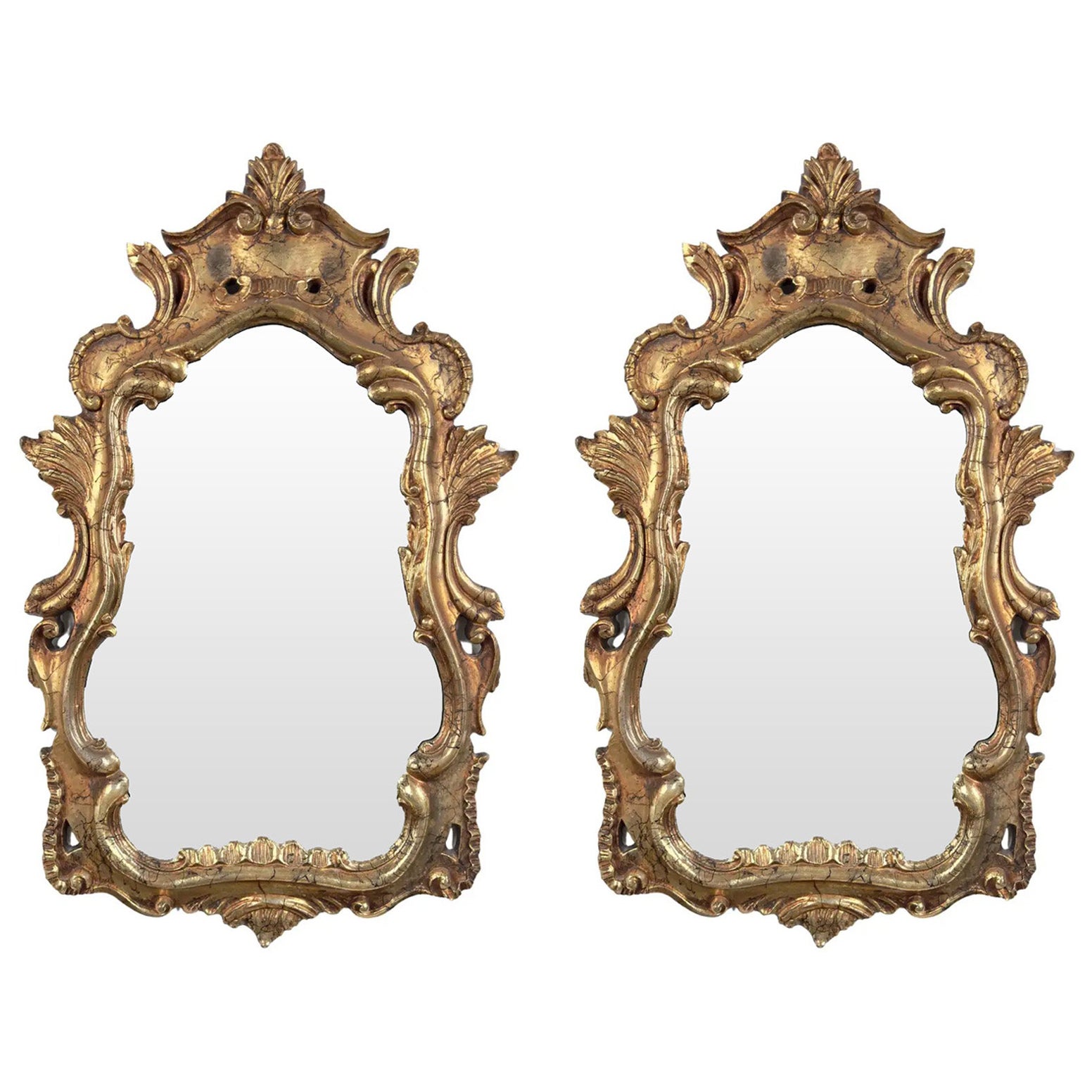 French Baroque Louis XV Style Antiqued Gold Wall or Console Mirror, a Pair For Sale