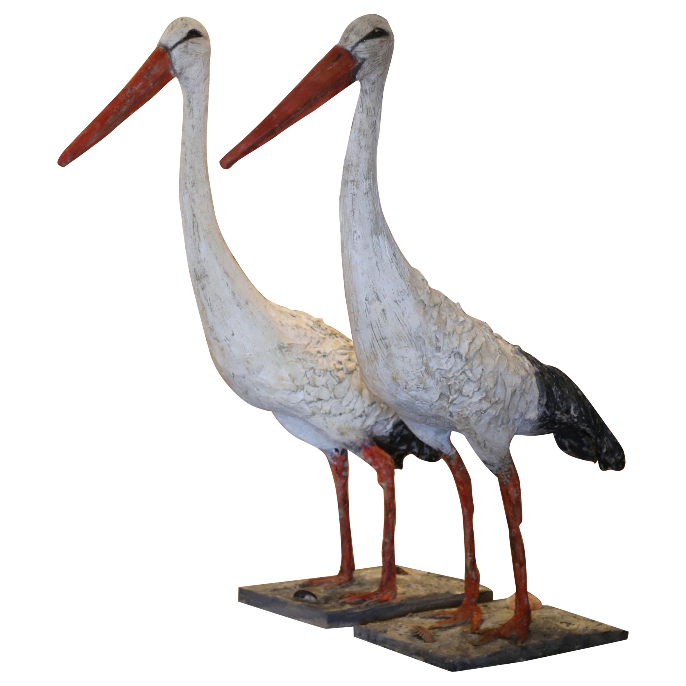 Pair of Early 20th Century French Painted Crane Bird Sculptures