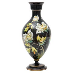 Antique 19th Century Vase, Stunning Hand Enamel Decoration on Black Glass