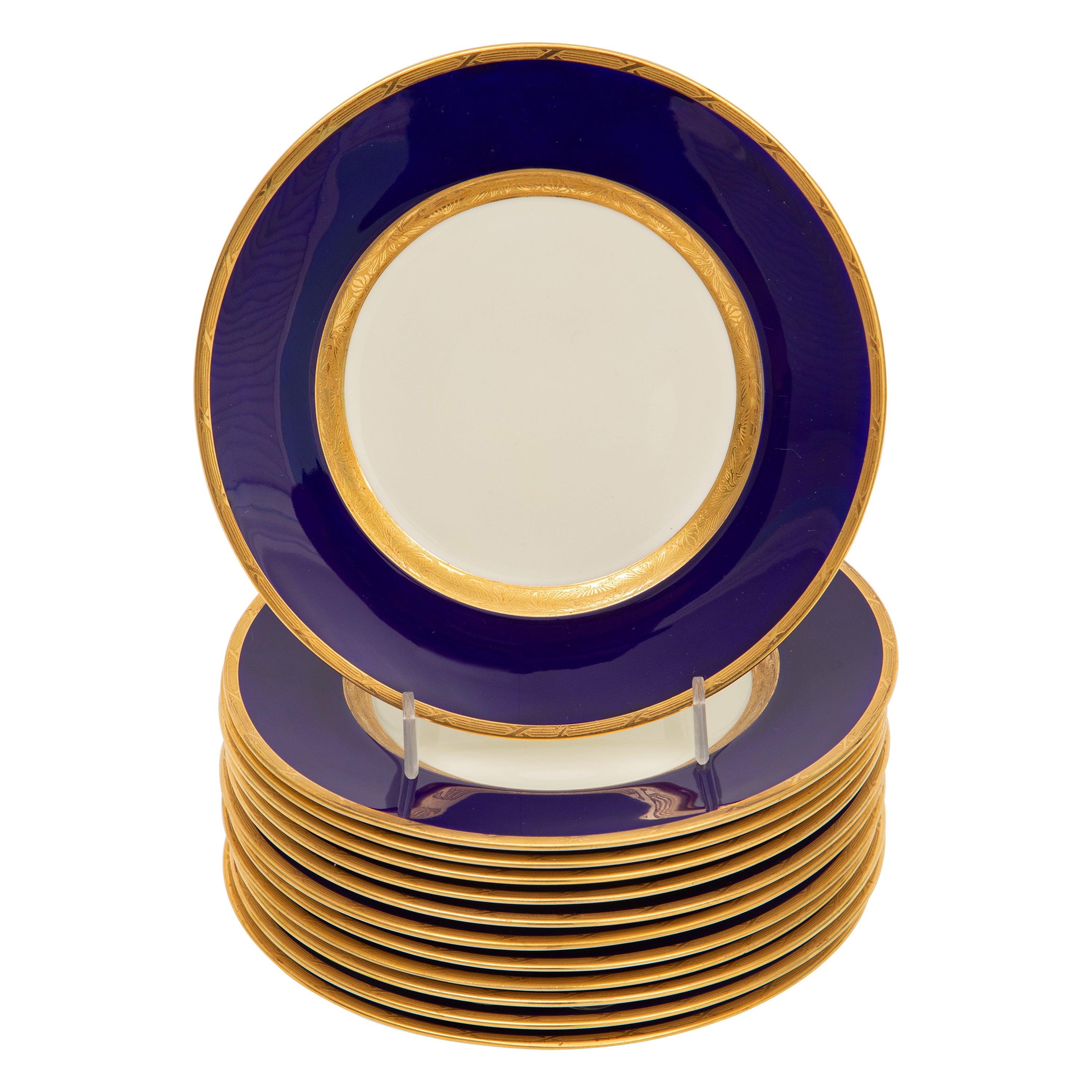 12 Platos de Ensalada o Postre Antiguos Minton Inglaterra Azul Cobalto y Dorado
