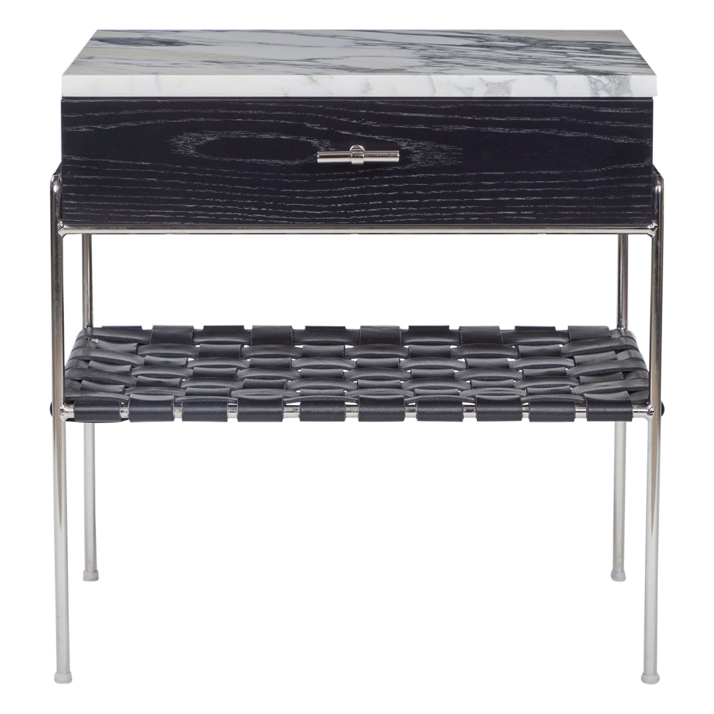 Marble and Stained Oak Side Table with Drawer and Woven Leather Shelf