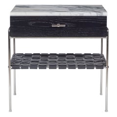 Marble and Stained Oak Side Table with Drawer and Woven Leather Shelf