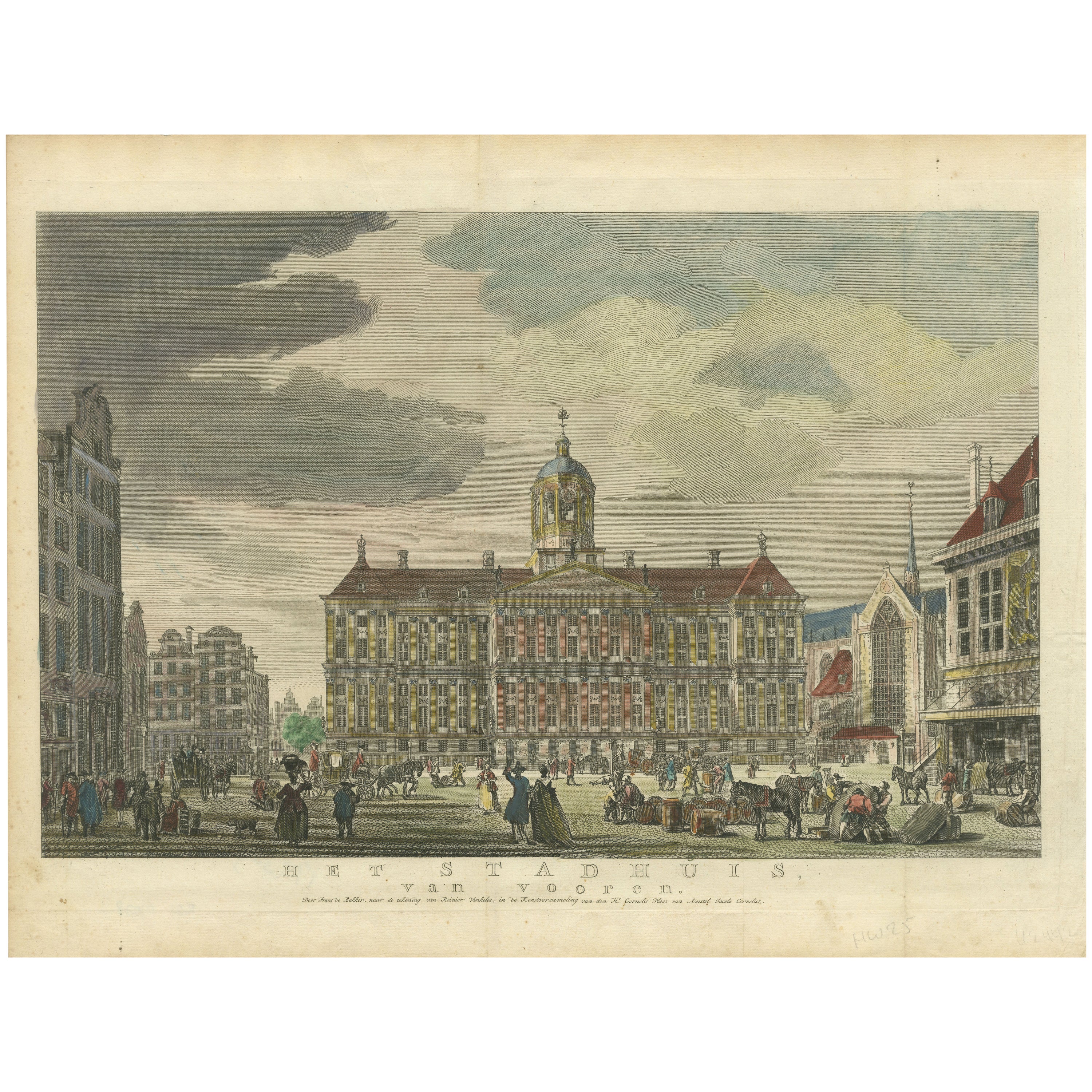 Hand-Colored 1765 Engraving of Amsterdam Royal Palace and Dam Square, 1765 For Sale