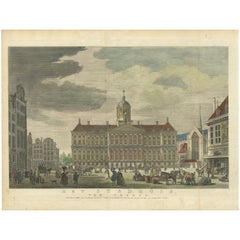 Grabado coloreado a mano de 1765 del Palacio Real de Amsterdam y la Plaza Dam, 1765