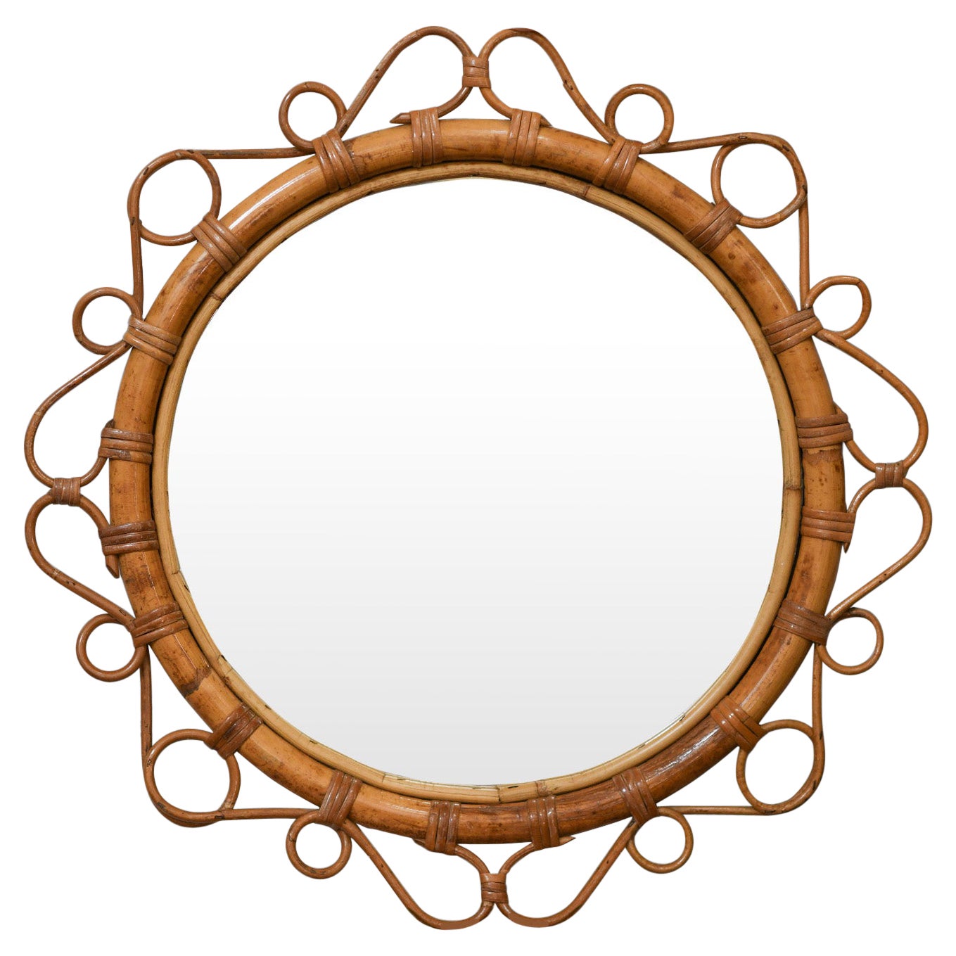 Mid-Century Circular Rattan Mirror With Handwoven Thin Patterns For Sale