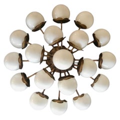 Ceiling light Brutalist 19 globe opaline glass and gilt gold structure , 1950s
