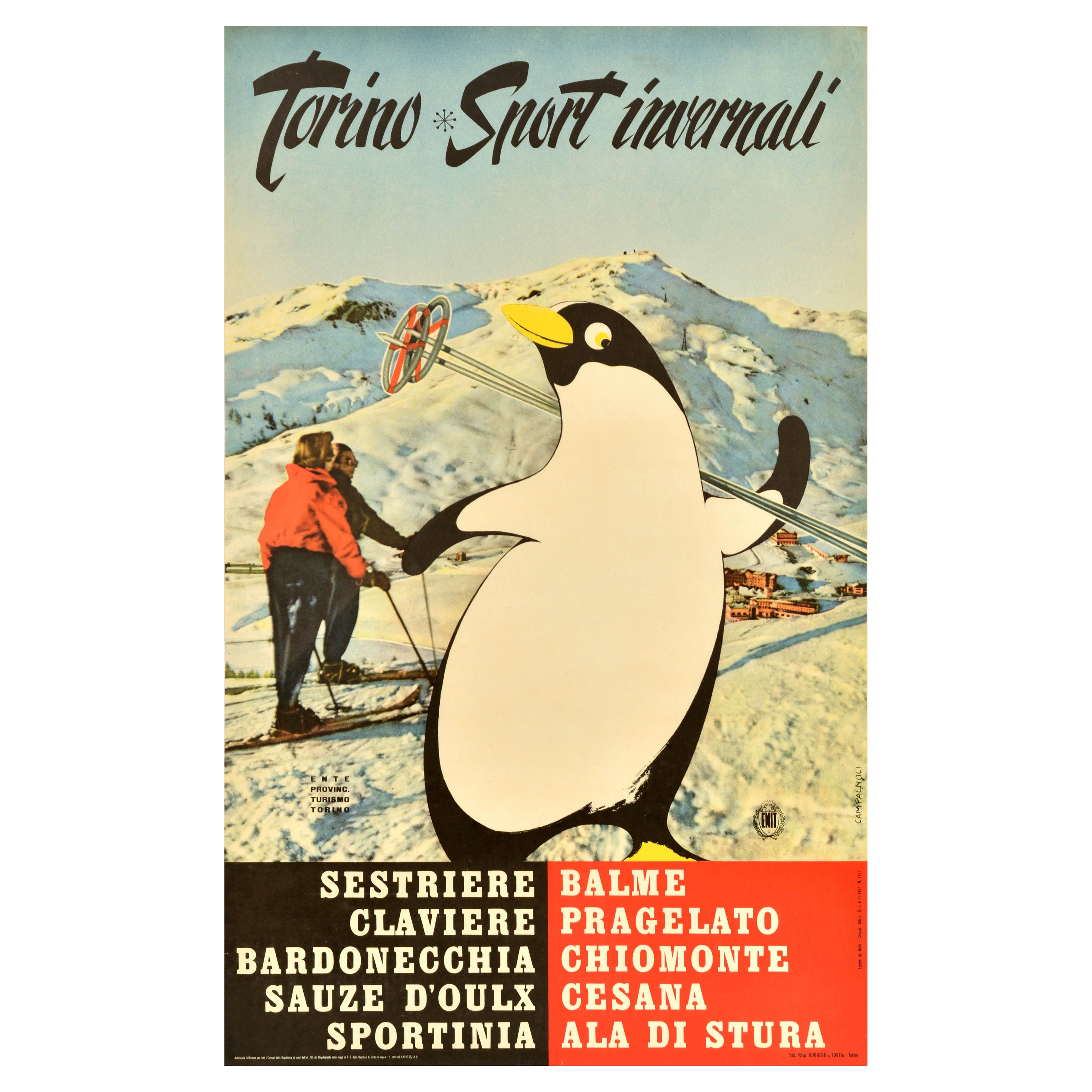 Affiche vintage originale de ski, Sports d'hiver, Penguin ENIT, Alpes, Ski en vente