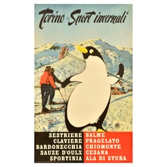Original Vintage-Ski-Reiseplakat, Turin, Wintersport, Penguin, ENIT, Alpen, Skifahren